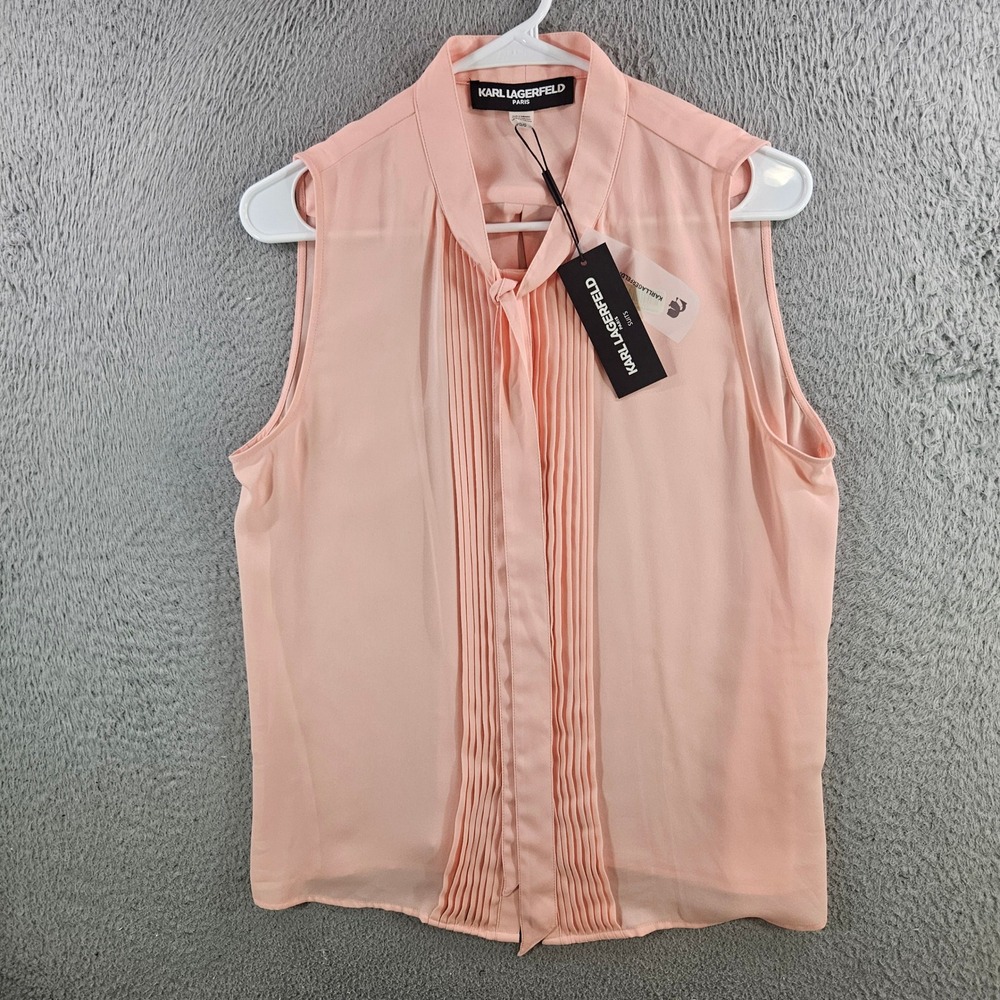 Karl Lagerfeld Paris Pink Pleated Tie Neck Sleeveless Blouse L NEW
